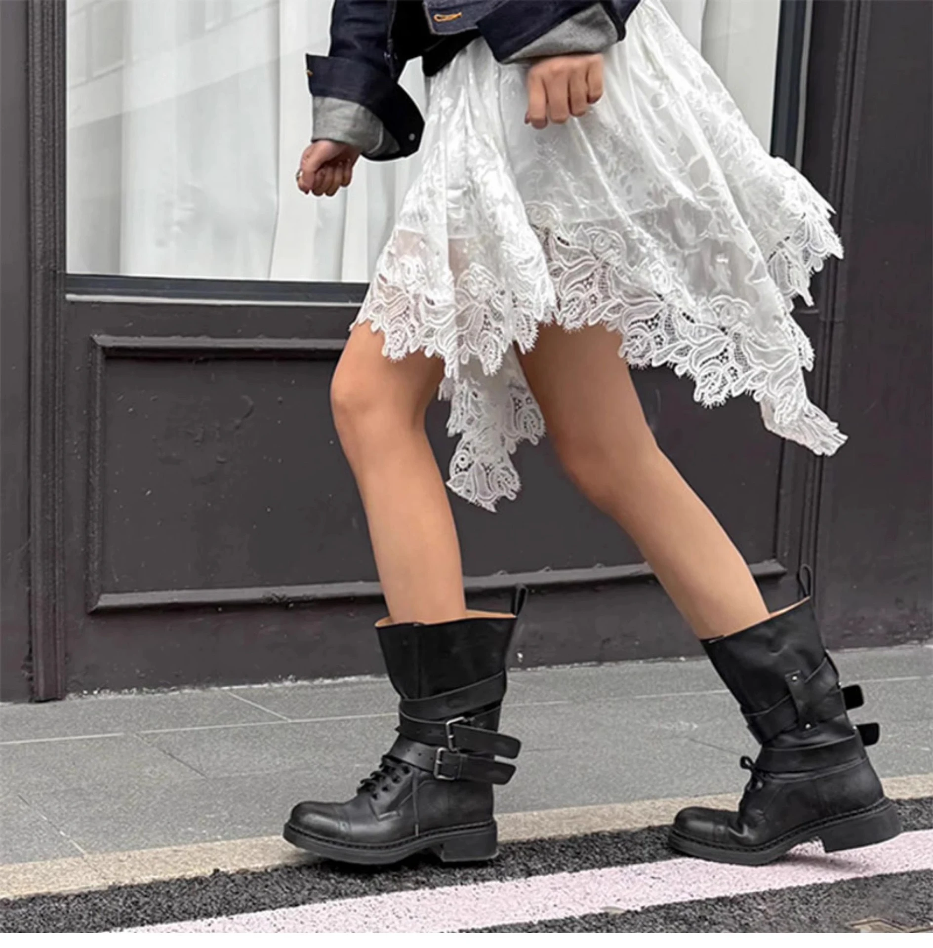 Miu Home Lady Knight Boots Short  Boots Western Cowboy Boots Worn Look Women's Boots round Toe Low Heel Rubber Sole