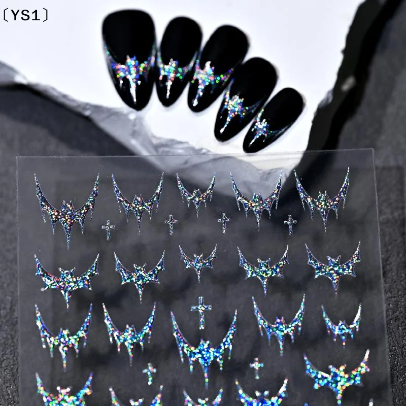〔YS1〕Dazzling Laser Gothic Halloween Dark Bat Cross Adhesive Nail Art Sticker Decal For Manicure Shiny Red Silver Black Charm