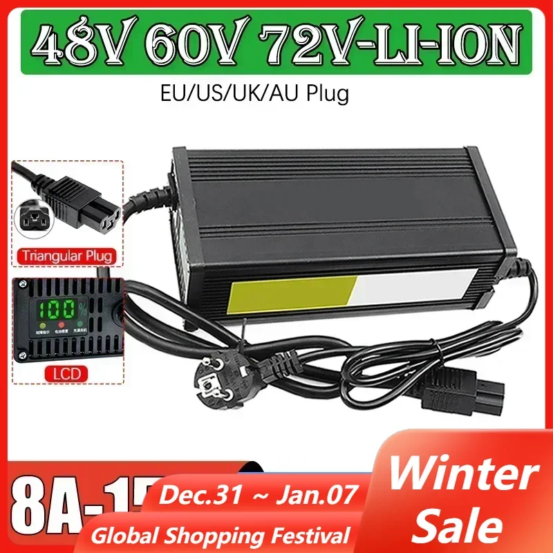 48V 60V 72V Electric Vehicle Lithium Battery Charger 54.6V 65.7V 84V 8A 10A 15A Intelligent Fast Charging US/EU/AU/UK Plug