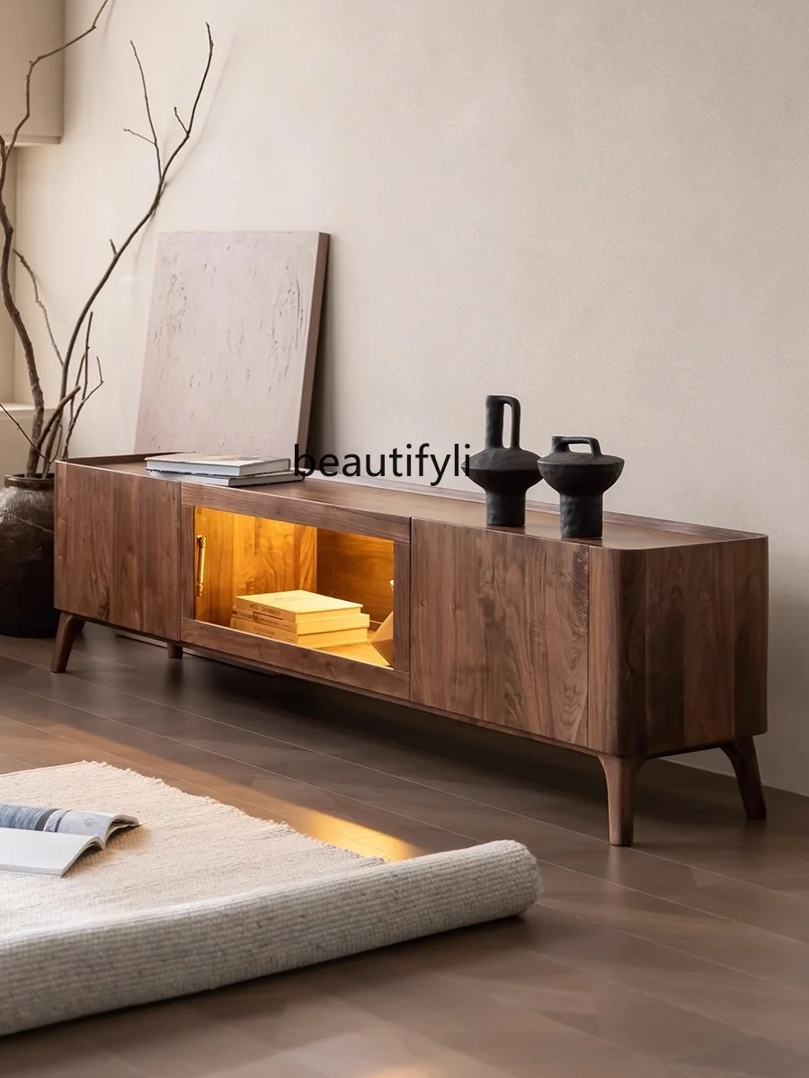 Nordic Minimalism Modern Living Room Japanese Style Black Walnut Cherrywood TV Cabinet and Tea Table Combination