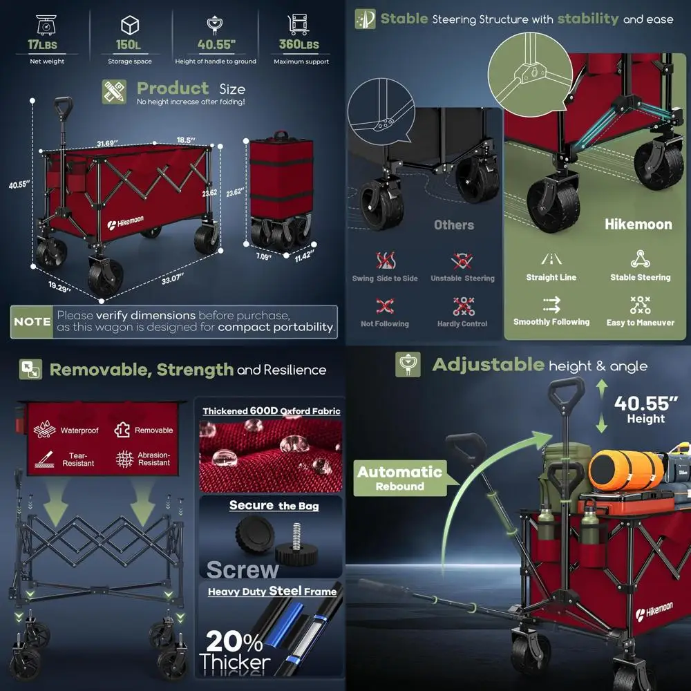 

150L Foldable Utility Wagon, 360LBS Capacity with Large All-Terrain Wheels, Portable Cart for Outdoor Activities, Shopping, Gard