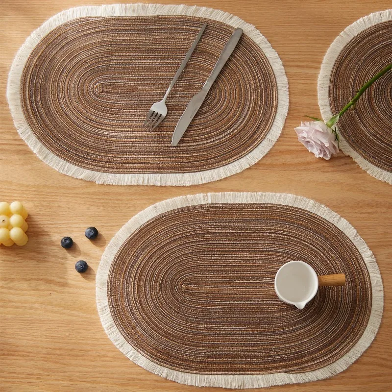 4pcs Thick Washable Poly Cotton Table Mat Multi Layer Braided Waterproof Oval Heat Pad For Kitchen Table Plate Mug Storage