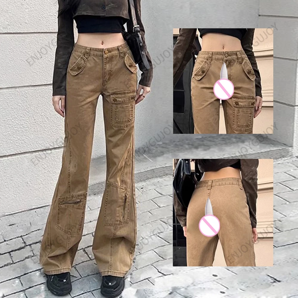 

High Street Zipper Multi-Pocket Cargo，Invisible Open Crotch Outdoor Sex Jeans Women's，High Waist Straight Street Casual Pants