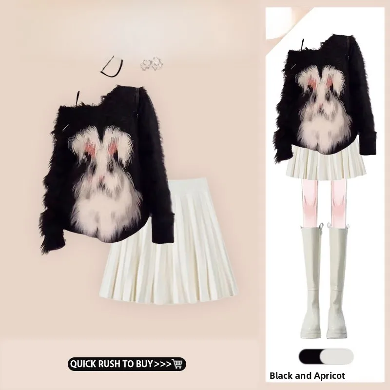 

Комплект: вязаный свитер из кроличьего меха и юбка А-силуэта миди для ранней осени, стройнящий и скрывающий недостатки фигуры, в американском стиле