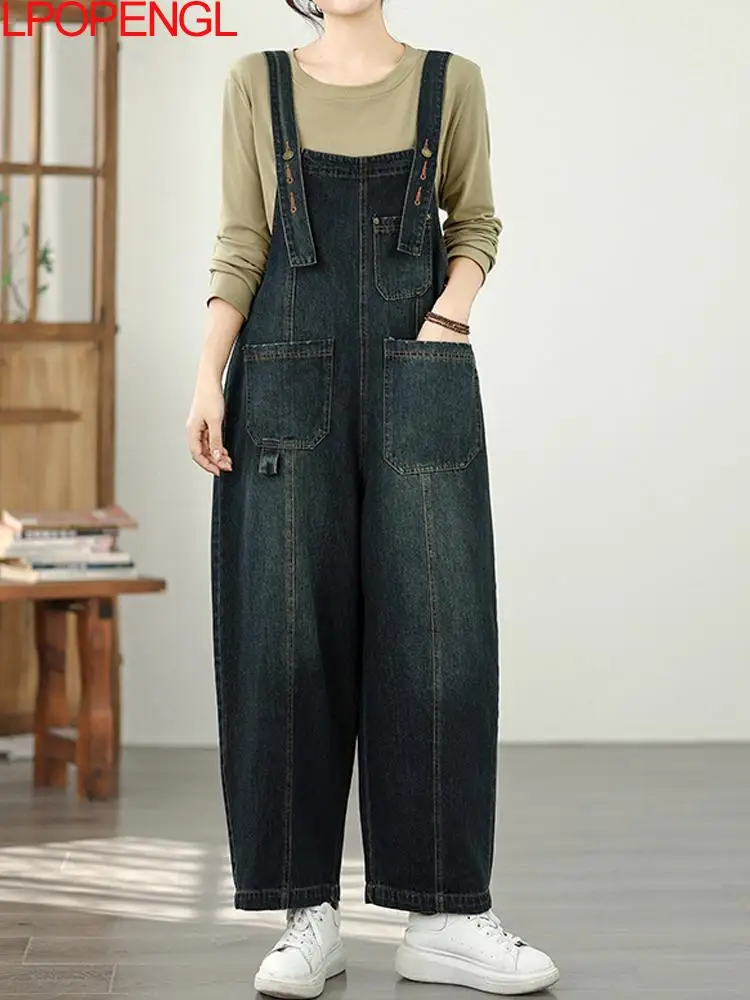 

Fashion Women New Denim Loose Oversized Overalls Artistic Retro Casual Wide Leg Pants Solid Color Streetwear One-piece Pants