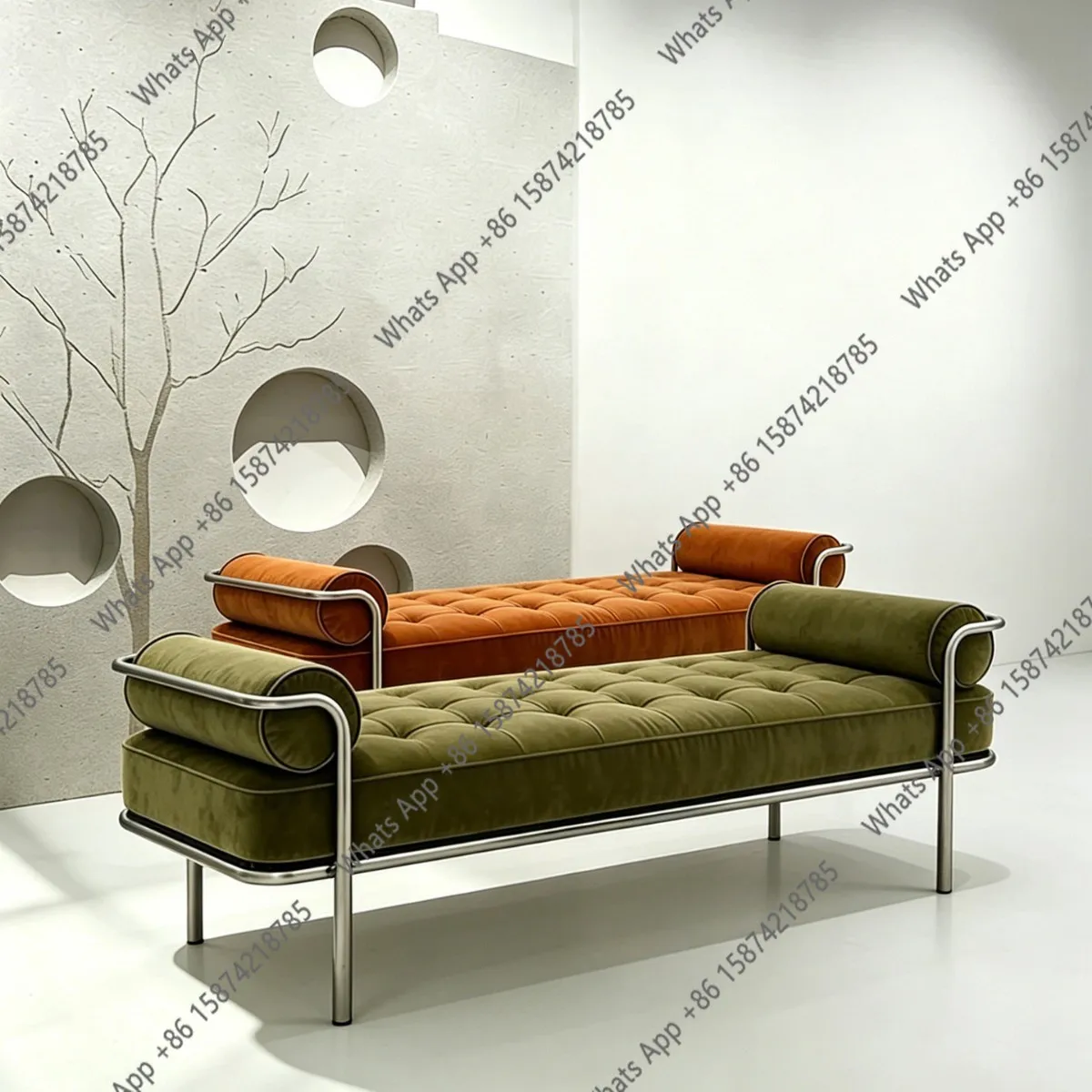 Vm Minimalist Modern Olive Green Velvet Bench Master Design Cylinder Armrest Stainless Steel Bedroom Sail Stool Shoe Change Stoo