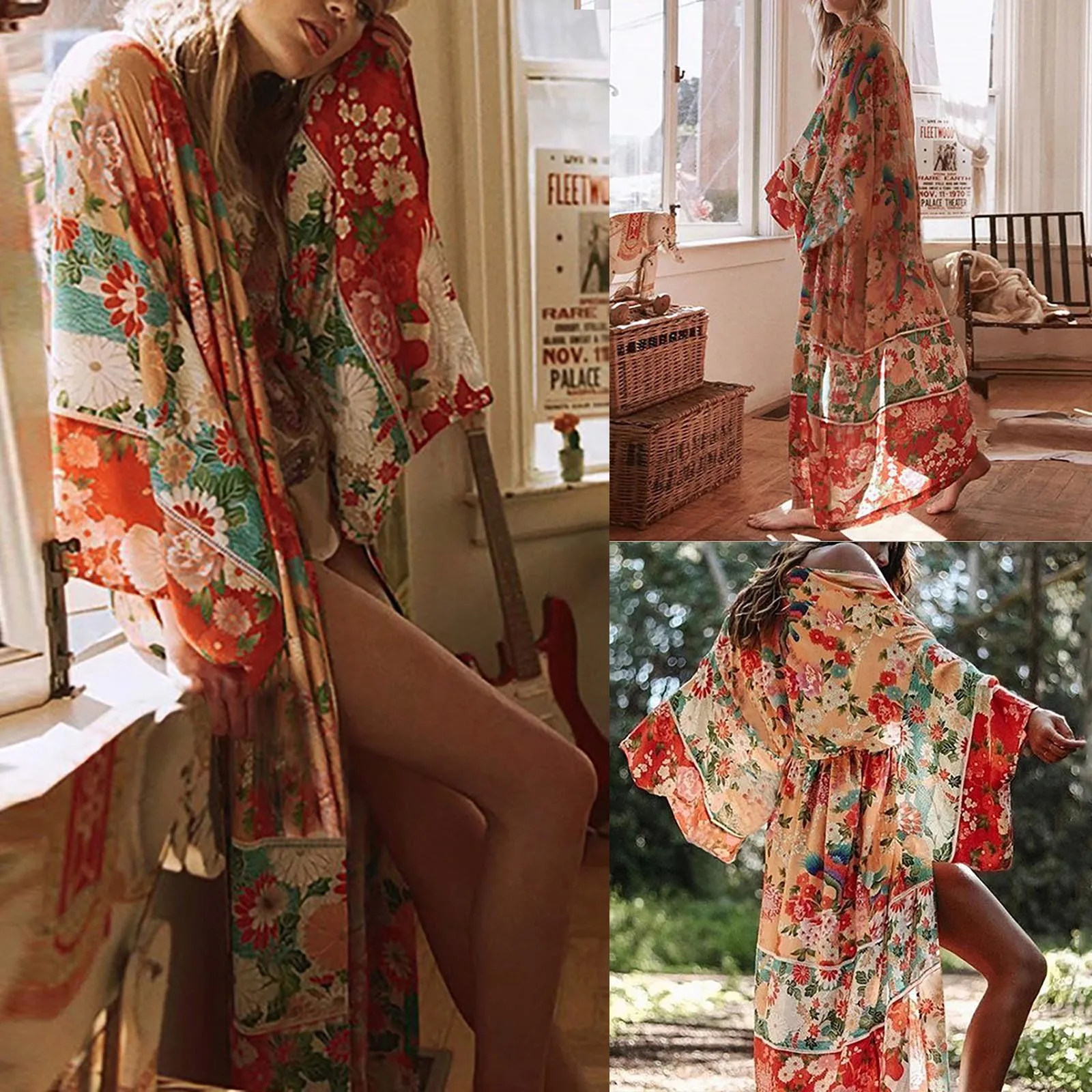 Ladies\' Floral Printed Bohemian Beach Style Fashion Sun Screen Long Dress Holiday Versatile Chiffon Long Sleeve Thin Cardigan