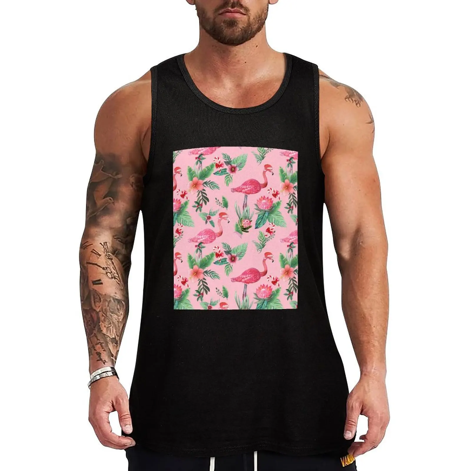 Camiseta sin mangas con estampado de flamencos navideños y Papá Noel en rosa con bastones de caramelo / Camiseta sin mangas navideña tropical de corte clásico para uso diario