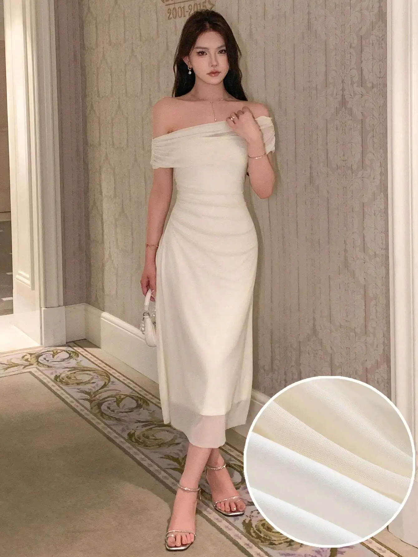 

Off Shoulder Ruched Side Mesh Overlay Midi Dress for Evening or Wedding Guest