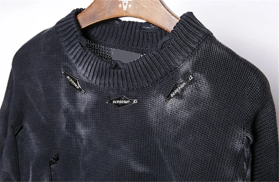 Mens Knitted Sweater Streetwear Hip Hop Punk Ripped Hole Pullover Men Oversized Harajuku Vintage Tie Dye Casual Sweaters Male