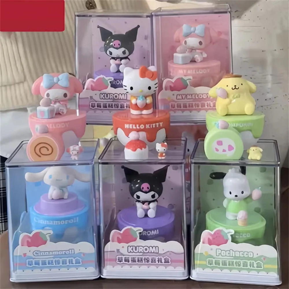 만화 헬로 키티 딸기 케이크 시리즈 6 스타일 귀여운 액션 피규어 CollectiIble 인형 데스크탑 모델 어린이 장난감 생일 선물
