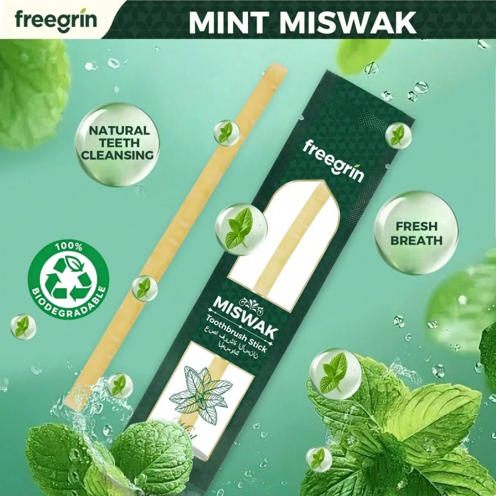 Palitos de cepillo de dientes Miswak con sabor a menta FREEGRIN, máxima frescura, derivados de plantas árabes auténticas para un aliento más fresco.
