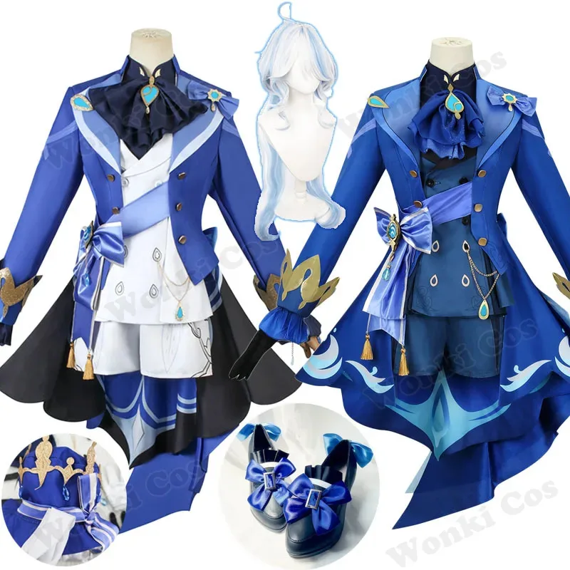 

Костюм для косплея Furina, парик для волос Impact Fontaine Focalors со шляпой, белые, черные костюмы, обувь для косплея на высоком каблуке для женщин, наряды