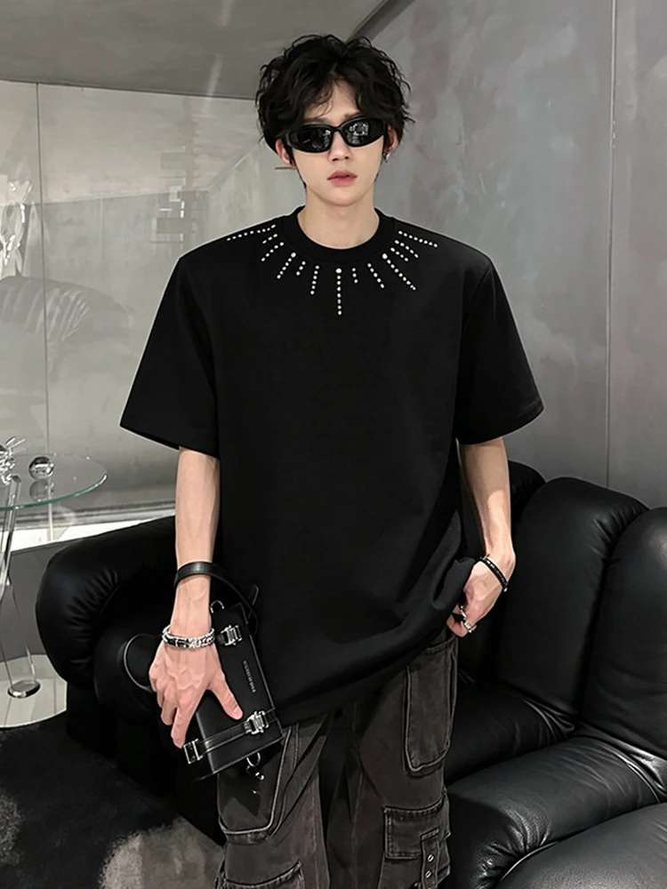 American High Street Unique Design Shoulder Pad Short Sleeve T-Shirt Men Summer Trendy Loose Half Sleeve Top Cotton Polyester...