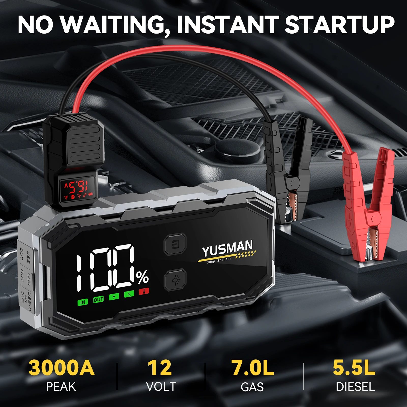 3000A Jump Starter Power Bank 12V Car Starting Device 12800Mah Battery Jump Start for Booster For 7.0L Gas& 5.5L Diesel