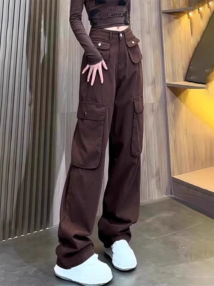 

Retro High Waist Wide Leg Workwear Pants Women's Sport Casual Pants Multiple ket Design Slim Straight Leg Trousers