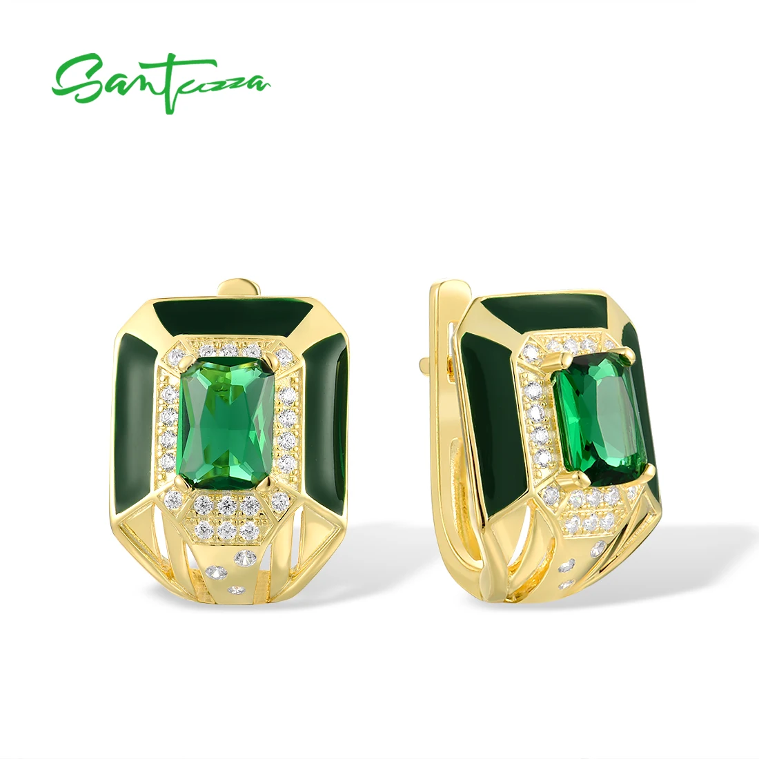SANTUZZA Genuine 925 Sterling Silver Earrings For Women Sparkling Green Stones White CZ Gorgeous Fine Jewelry Handmade Enamel