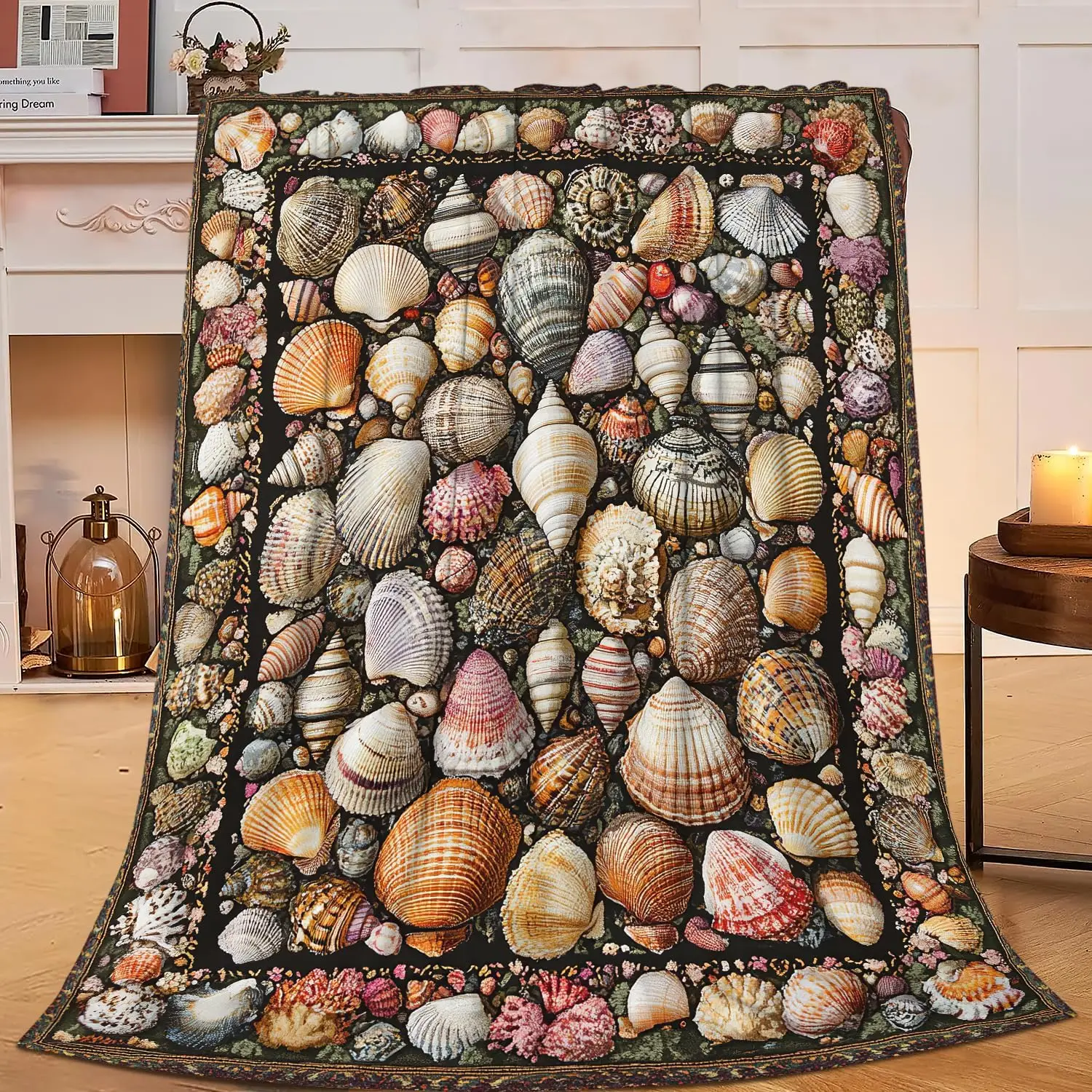 Ultra Soft Flannel Throw Blanket with Beautiful Seashell Pattern Coastal Ocean Beach Theme Plush Couch Cover Sofa Bed Decor Wint