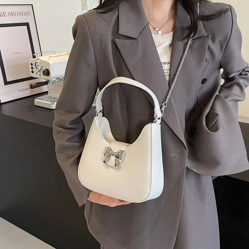 LEFTSIDE PU Leather Small Silver Handbag Shoulder Bag for Women Lady 2024 New Korean Fashion Bow Design Crossbody Bag