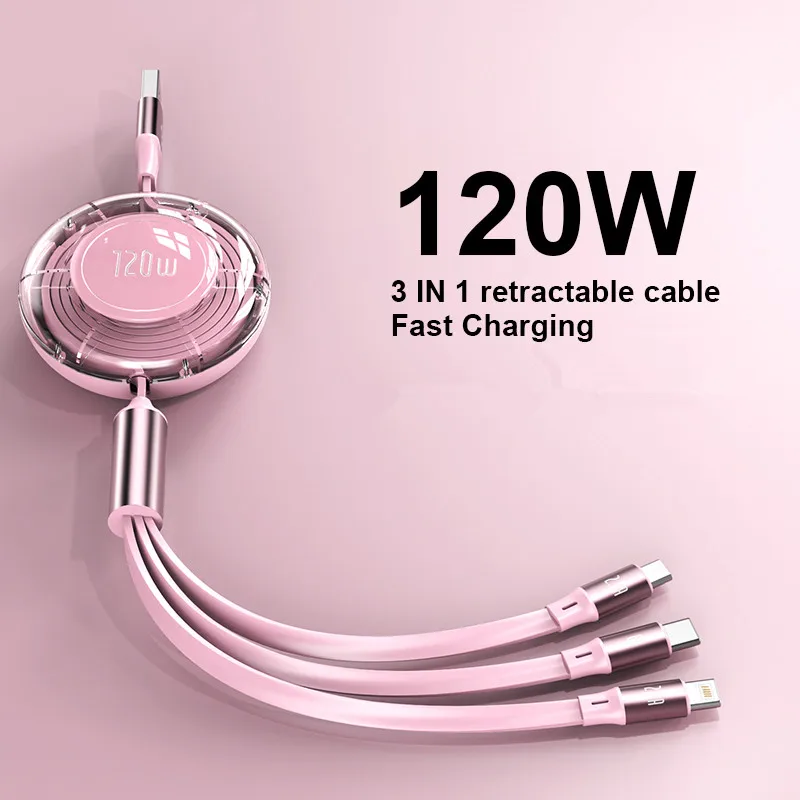 

CAFELE 3 in 1 Fast Charging Cable 120w for iPhone 16 15 14 13 12 11 Type C Micro Lightning USB Multi Charger Retractable Cord