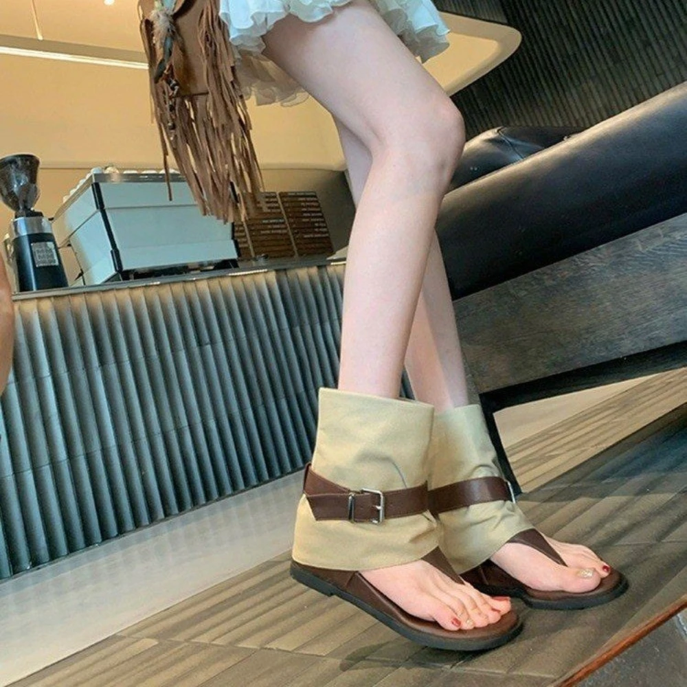 Vintage Color Block Toe Ring Sandals for Women, Fold-Over Suede Roman Boots with Belt Buckle, Flat Heel Gladiator Shoes for view 4