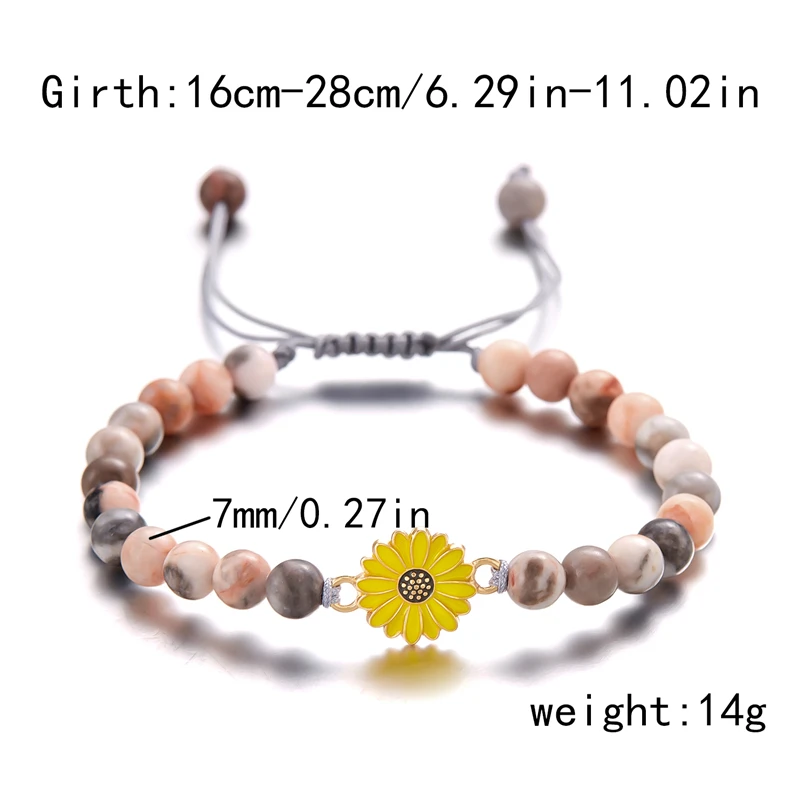 Vintage böhmisches gelbes Sonnenblumen-Armband für Frauen, Naturstein, Perlen, geflochtenes Seil, verstellbarer Freundschaftsschmuck, Bestie-Geschenk – Detail 5