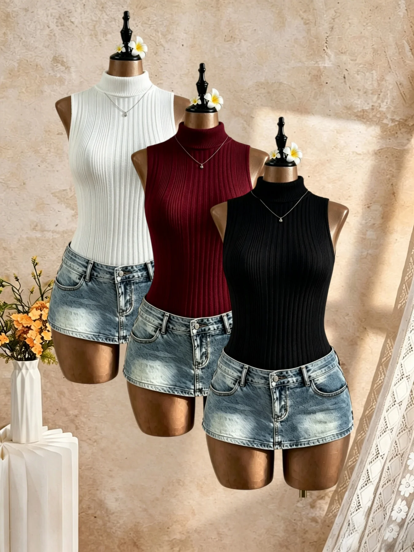 3 Pack Women Turtleneck Ribbed Knit Sleeveless Tank Top Slim Fit Y2K Sexy Casual Basic Fitted Vest Top