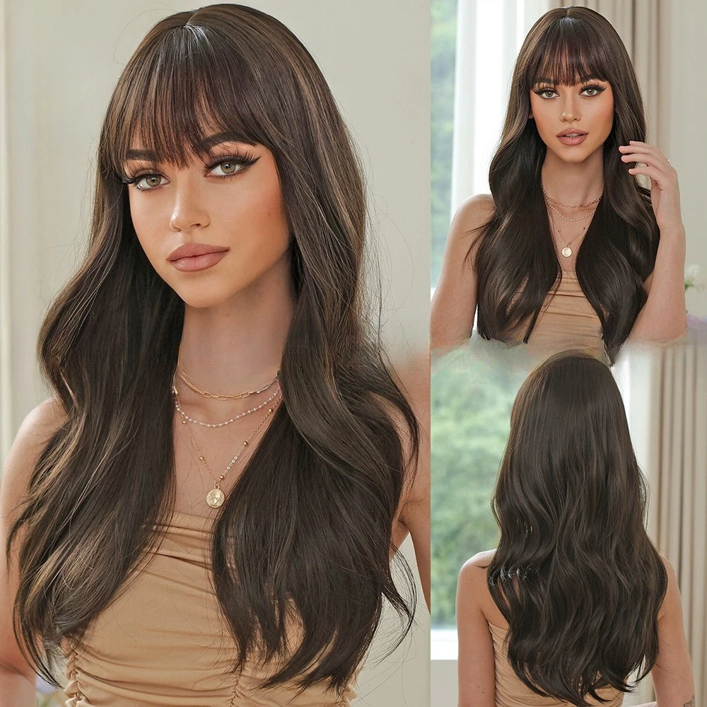 

22Inch Brown Black Long Curly Hair Ladies Qi Bangs Big Wave Wig Full Headgear Wigs