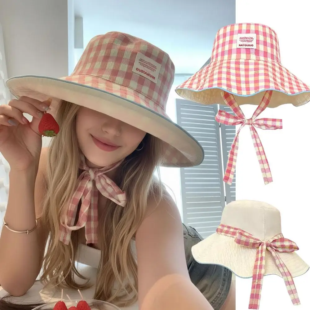 Reversibler Karierter Bucket Hat Sonnenhüte für Frauen mit Breiter Krempe UV-Schutz Strandhüte Sommer Reise Outdoor Faltbare Sonnenkappe Angeln