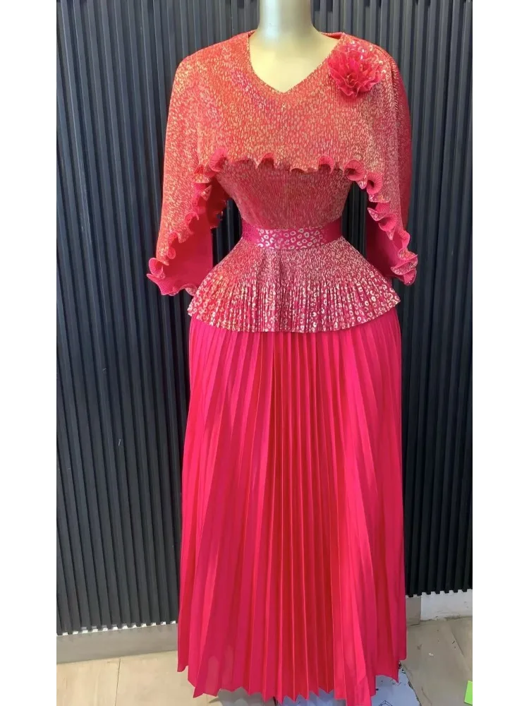 

2025 Miyake Fashion Bronzing Loose Women's Clothing Pleated Set Temperament V-Neck Elegant Long Dress Two-piece Set