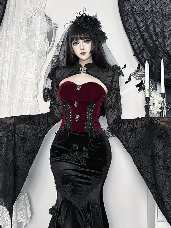 

Gothic Dark Hot Sister Subculture Sets Stand Collar Flare Sleeve Lace Shawl Cover Shirt Red Tube Top High Waist Fishtail Skirt