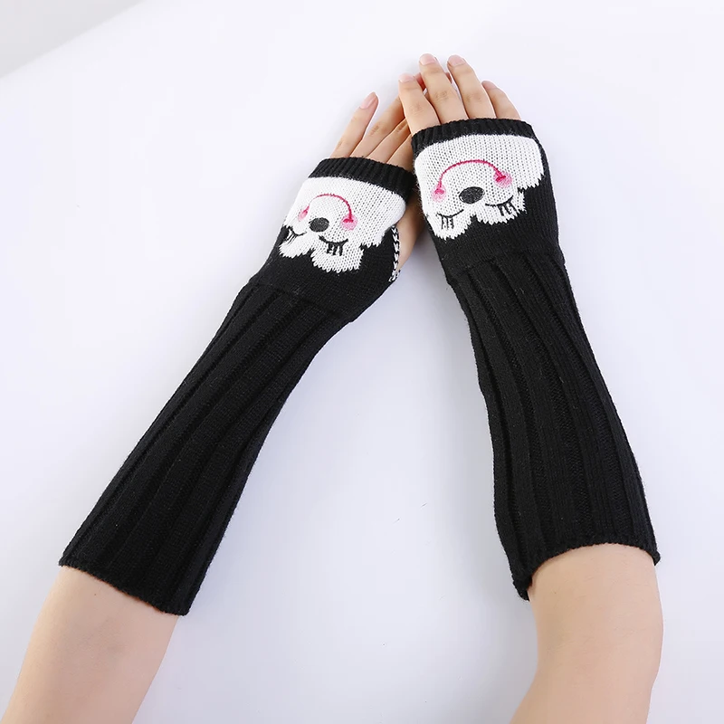 Cute Cartoon Embroidered Fingerless Arm Warmers Soft Knit Half-Finger Gloves Sleeves for Women Y2K Winter Hand & Wrist Warmers