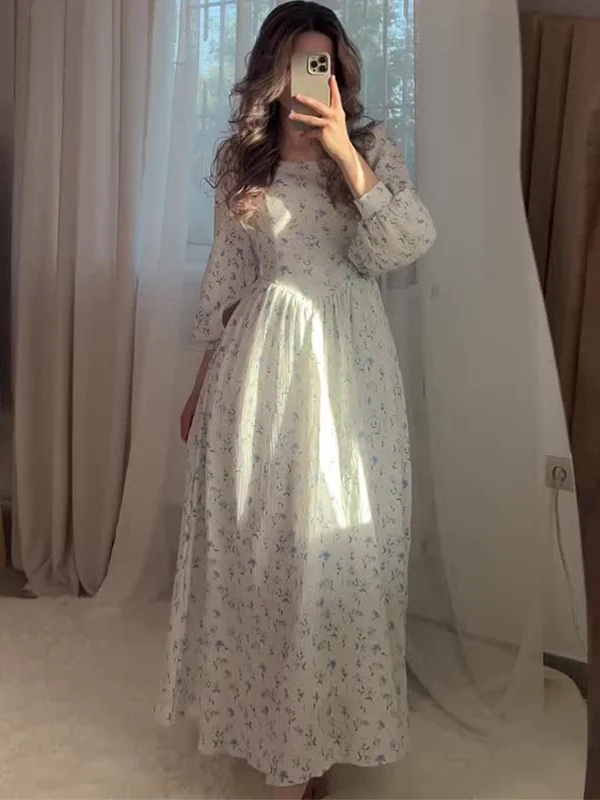 

Модная новинка весна-лето: женское платье с длинным рукавом, квадратным вырезом, нежное и стильное, с завышенной талией, А-силуэт