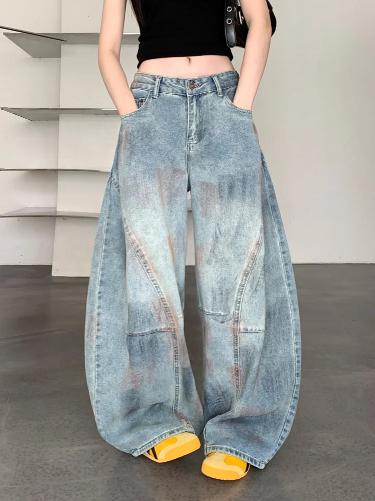 Trashy Y2K 2000S Dirty Washed Distressed Blue Baggy Jeans Pants For Women Clothing Wide Leg Vintage Gothic Lady Denim Trousers