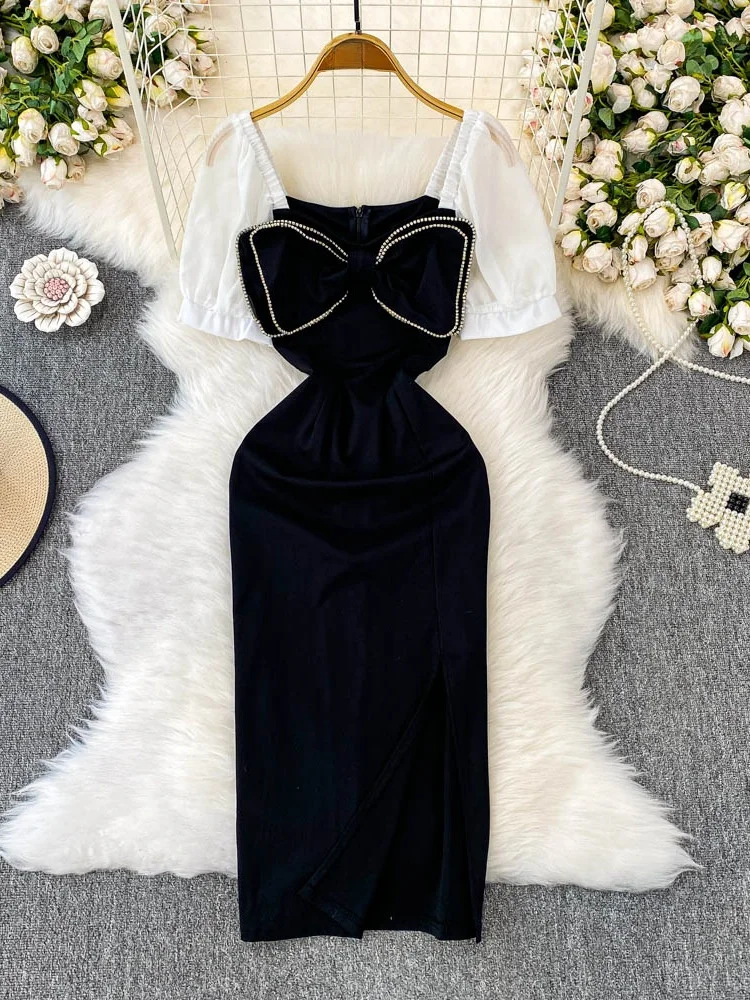 Frühling Sommer 2025, hohe Taille, Knoten, quadratischer Kragen, Spleiß, schlankmachend, figurbetont, Dr. Damen Faion, vielseitig, Pendeln