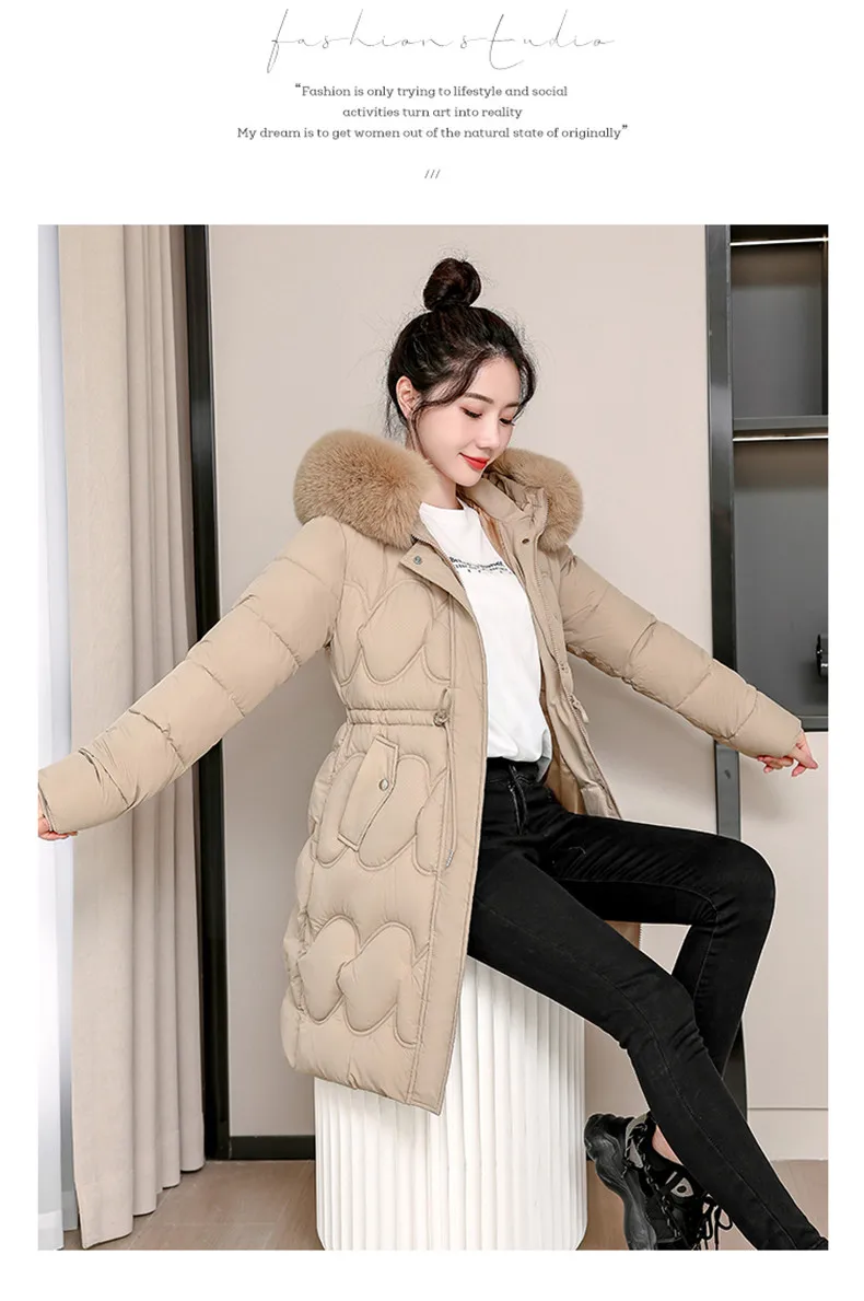 2026 Winter New Fur Collar Puffer Down Parka Loose Long Hooded Warmer Thicken Snow Jacket Pocket Zipper Outerwear Female