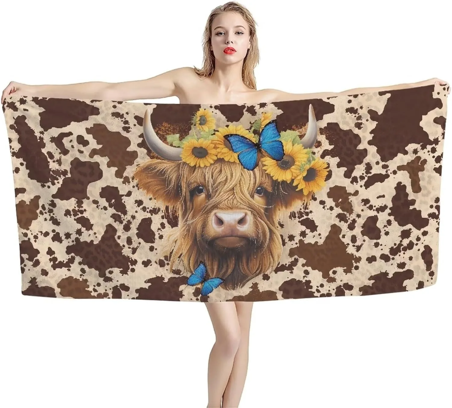 1PC Highland Cow pattern Beach Towel for Family stuffs friends Gifts Quick-Dry For Bath Yoga Tourism Beach GYM Camping Swimming