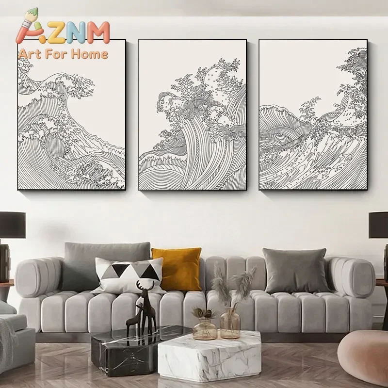 Nordic Black and White Canvas Painting Lines Abstract Sea Waves Japanese Style Homestay Posters Wall Pictures Home Decor