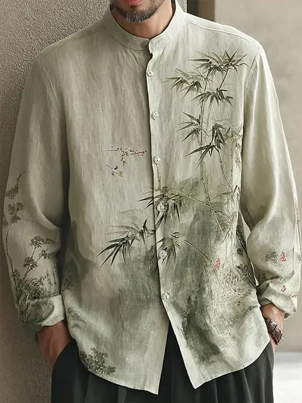 New Men's Rice White Abstract Ink Wash Shirt Bohemian Vacation Style Artistic Leisure Versatile Shirt Clothing