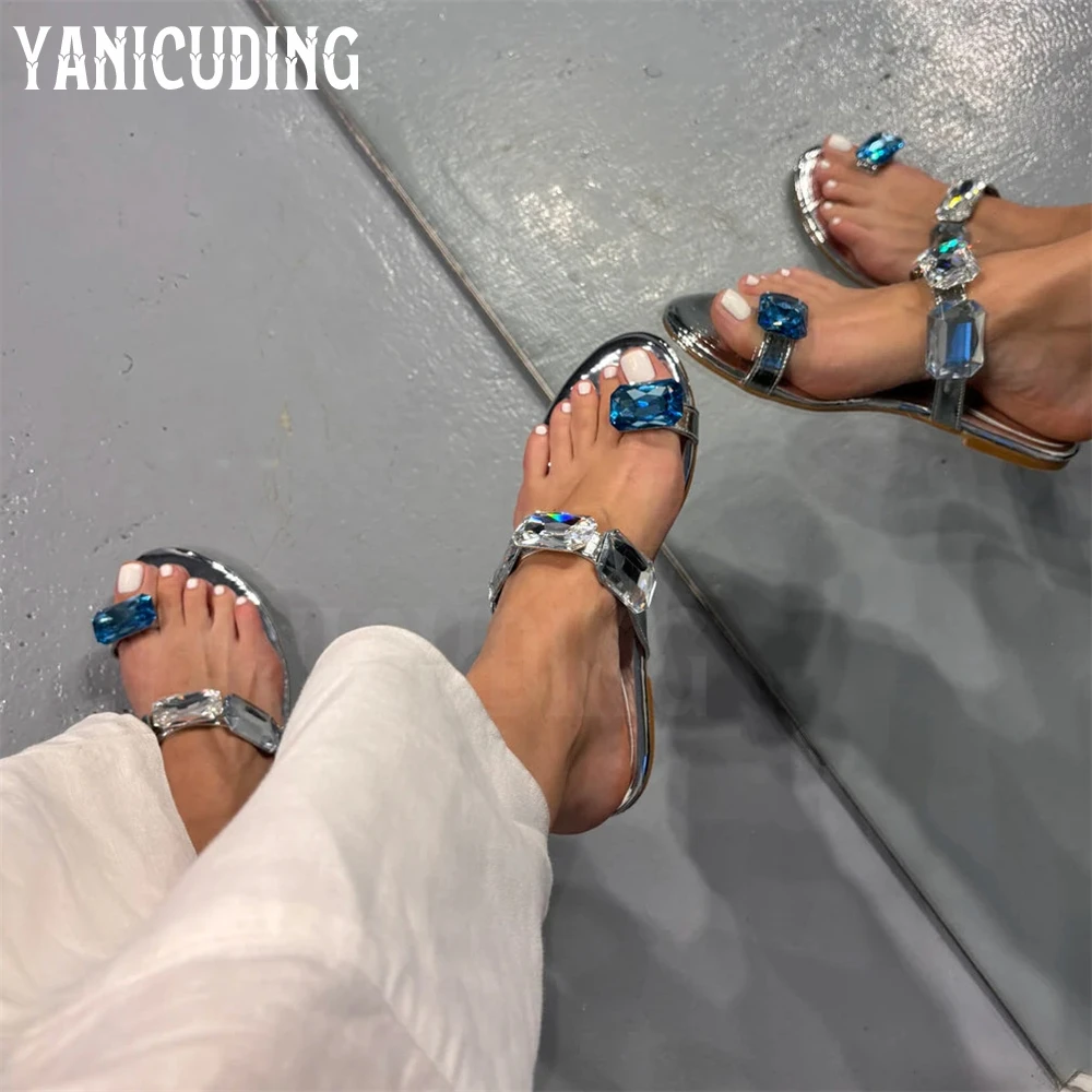 متعدد الألوان كريستال نعال مسطحة الفضة براءات الاختراع والجلود الوجه يتخبط الفاخرة الياقوت الفضة حجر الراين الشقق النساء شبشب صيفي #6
