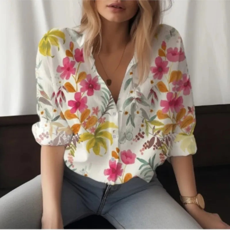 New long sleeved shirt with women\'s lapel buttons and floral print pattern fashionable street style shirt comfortable women\'stop