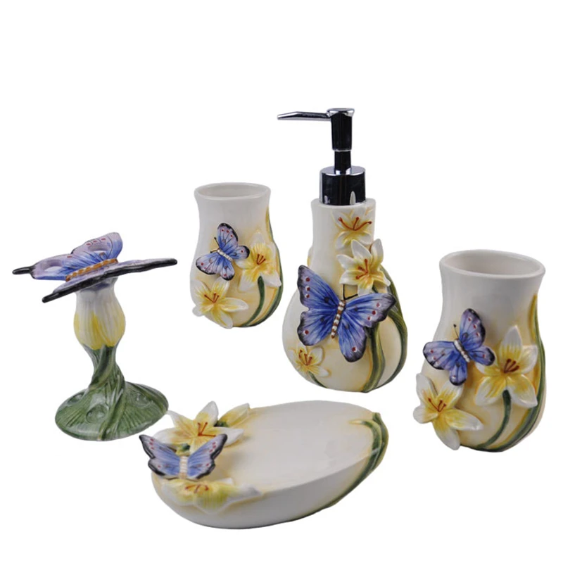 Blue Butterfly Ceramic Toothbrush Holder, Soap Dish, Bathroom Accessories Set Kit, Bathroom Organizer, Wedding Gifts