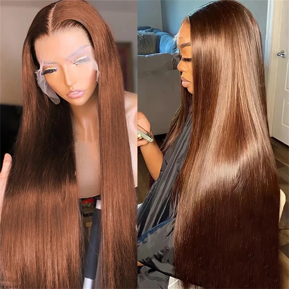 Chocolate Brown Colored Straight 13x4 Lace Front Human Hair Wig Transparent Lace Frontal Wigs Human Hair #4 Colored Wigs Virgin