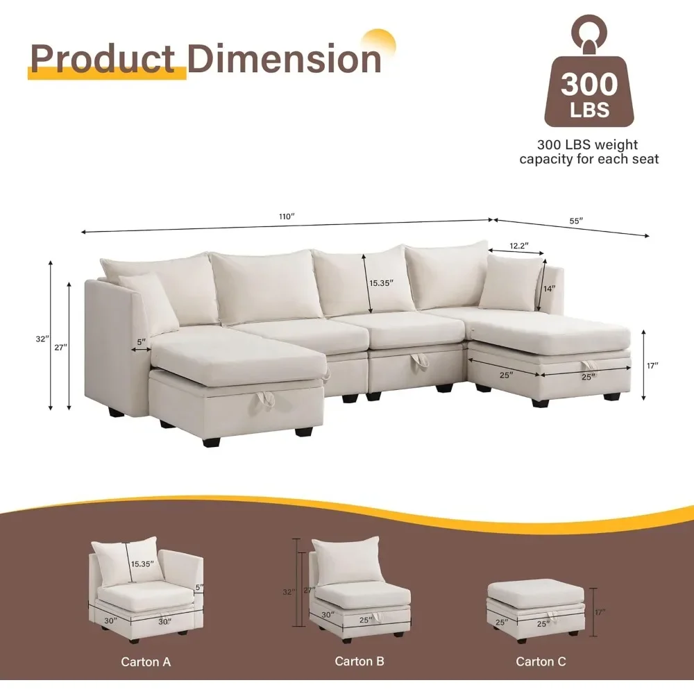 Modular Sectional Sofa, Convertible U Shaped Sofa Couch with Storage, Flexible Modular Combinations Fabric Couch for Living Room