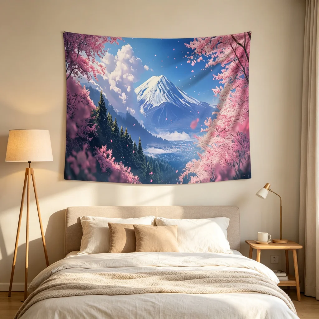 1PC Mount Fuji Cherry Blossom Print Backdrop Banner, Bedroom Photo Background, Polyester Wall Hanging, Home Decor, Wall Art