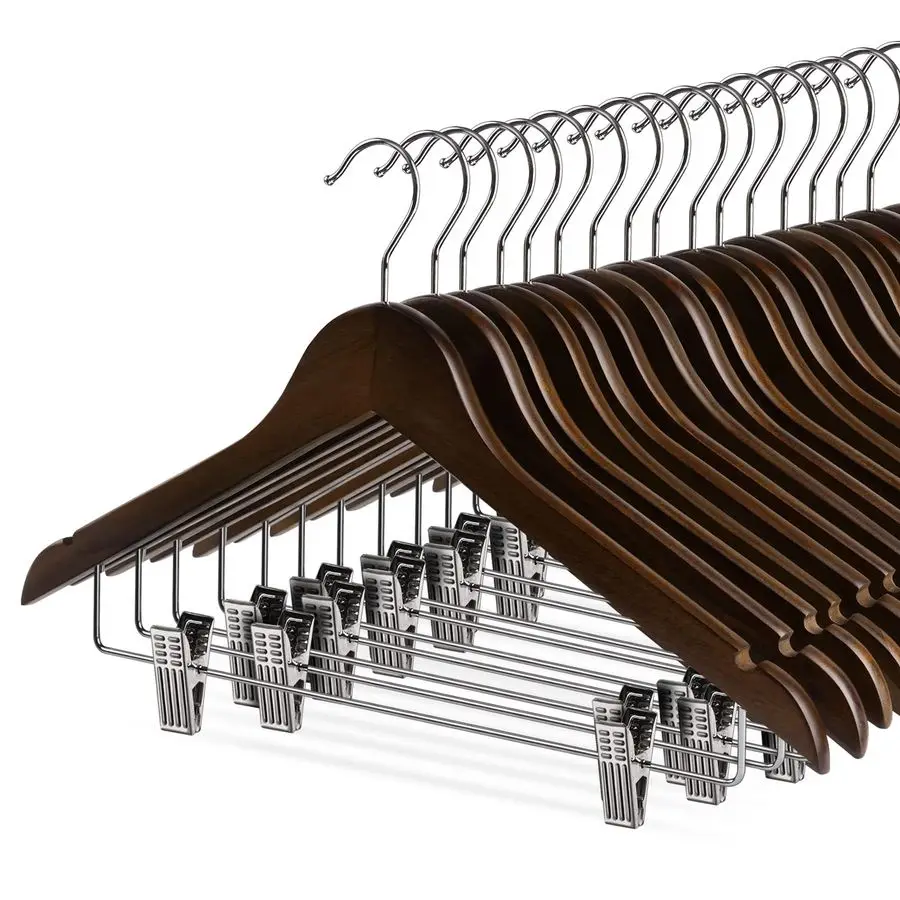 

Clothes Hangers with Clips, 16Pack Wood Skirt Hangers with Clips, HighGrade Selected Walnut Wood Hangers with Sturdy Metal Clips