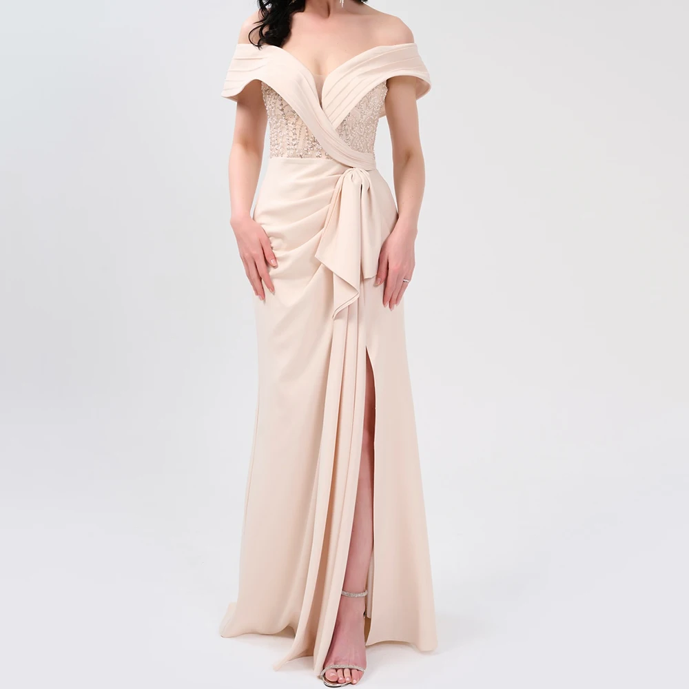 

Customized A-line Evening Dresses Floor-length Off The Shoulder Sleeveless Prom Gown Fashion Sequined Beading Pleat Party Gown