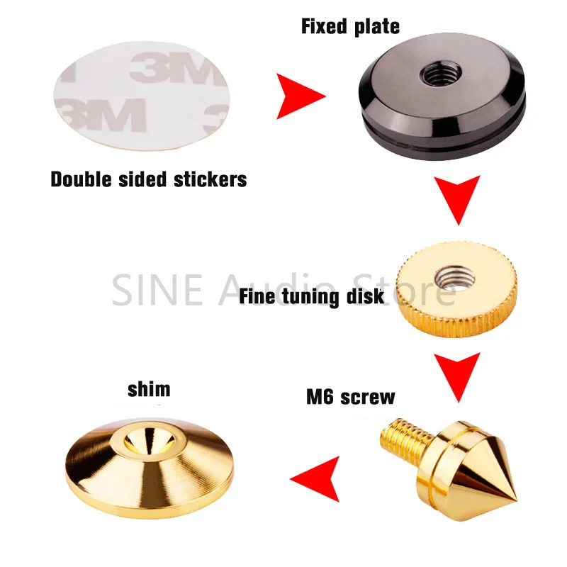 4pcs alloy speaker with shock-absorbing pins, surface gold-plated and nickel plated, M6 screw with adjustable height