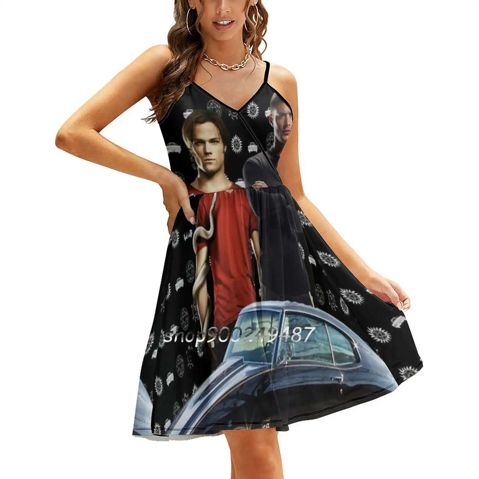 Supernatural 11 Sling Dress Women Summer Printing Condole Belt Dresses Supernatural Dean Sam Winchester Bobby Castiel Cas Angel