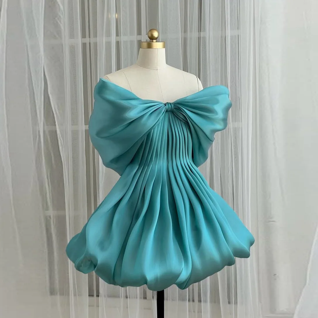 

Aqua Blue Prom Dress Short Pleated Bow Sleeveless A Line Mini Prom Dresses Off Shoulder Birthday Party Gowns
